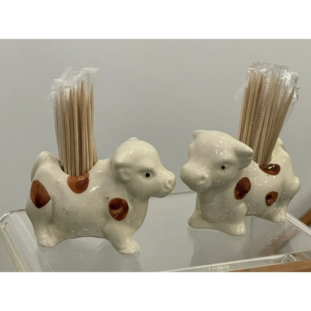 Cow Toothpick Holder Ceramic Vintage Set of 2 White Brown 3.25